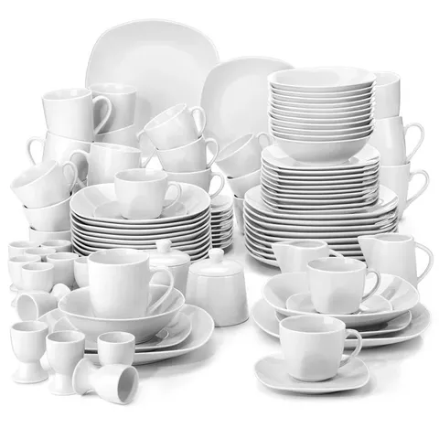 BOXED ELISA SERIES, 100-PIECE IVORY WHITE PORCELAIN CHINA DINNERWARE SET, SERVICE FOR 12 (2 BOXES)