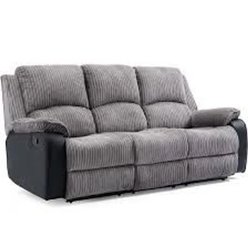 BOXED GREY FABRIC MANUAL RECLINING THREE SEATER SOFA