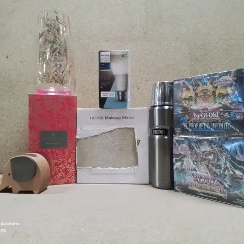 BOX TO CONTAIN ASSORTED HOUSEHOLD GOODS AND PRODUCTS TO INCLUDE; YU-GI-OH COLLECTABLE CARDS, THERMOS FLASK, WOODEN PEN AND PHONE HOLDER ETC