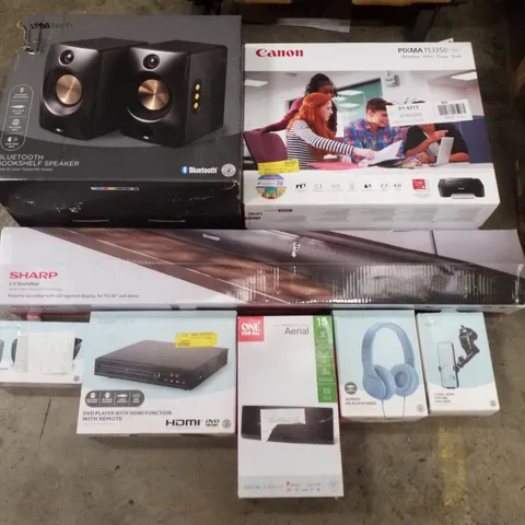 PALLET CONTAINING ASSORTED ELECTRICAL PRODUCTS INCLUDING BLUETOOTH BOOKSHELF SPEAKER, CANON PIXMA TS3350 PRINTER, 2.0 SOUNDBAR, FM ALARM CLOCK, DVD PLAYER WITH HDMI FUNCTION & AERIAL