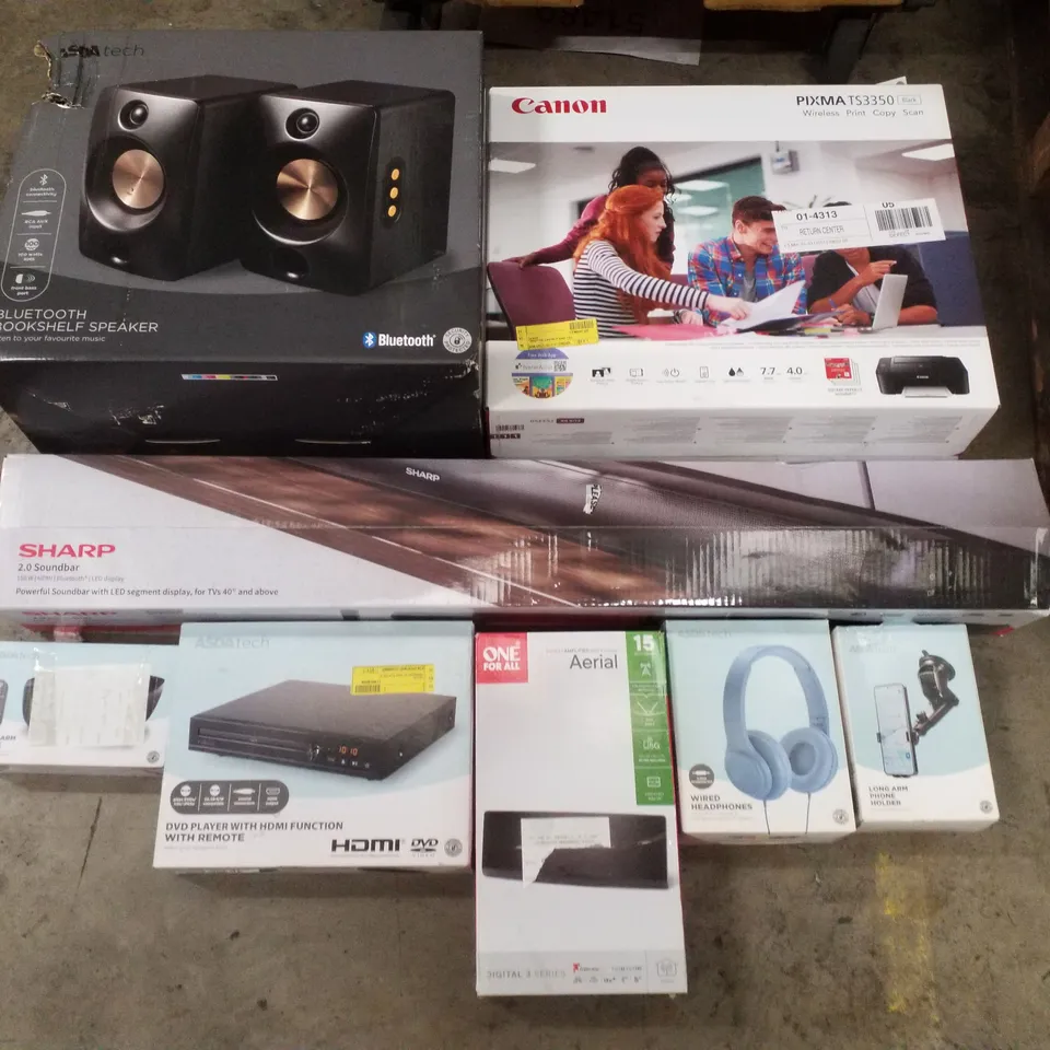 PALLET CONTAINING ASSORTED ELECTRICAL PRODUCTS INCLUDING BLUETOOTH BOOKSHELF SPEAKER, CANON PIXMA TS3350 PRINTER, 2.0 SOUNDBAR, FM ALARM CLOCK, DVD PLAYER WITH HDMI FUNCTION & AERIAL