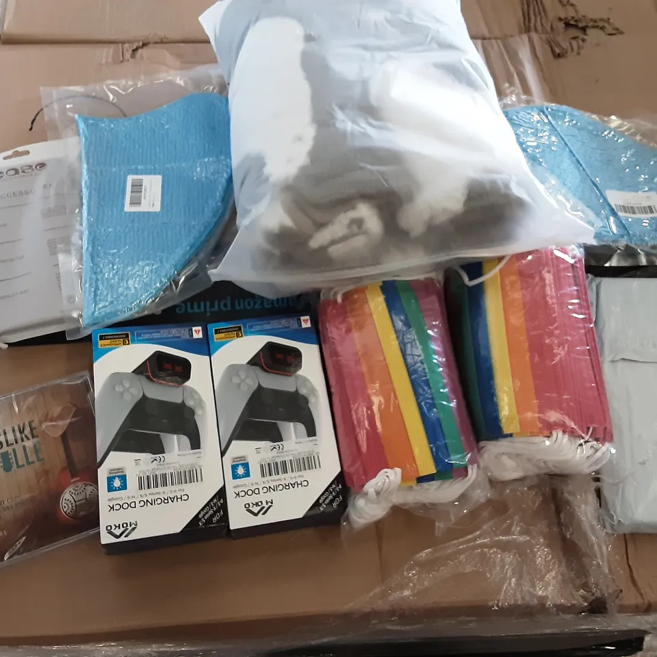 PALLET OF ASSORTED PRODUCTS INCLUDING RAINBOW FACE MASK, MOKO CHARGING DOCK CHARGER FOR PS5 CONTROLLER, SOUNDS LIKE NASHVILLE CD, A5 PAPER, CHRISTMAS TREE SKIRT, 200PC UPHOLSTERY TACKS   