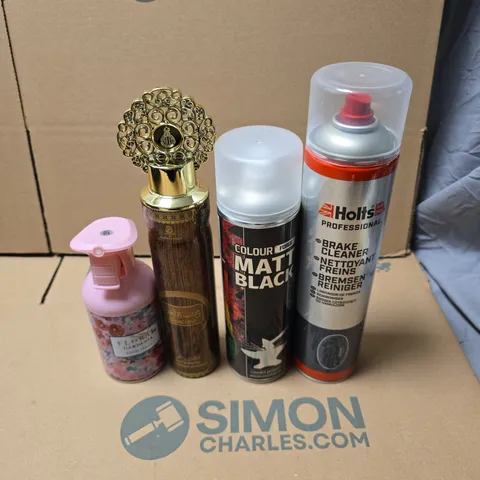TOTE OF APPROXIMATELY 10 ASSORTED AEROSOL PRODUCTS TO INCLUDE HOLTS BRAKE CLEANER, COLOUR FORGE MATT BLACK MODEL PRIMER, KHASHAB AND OUD AIR FRESHNER, FLORAL GARDENIA ROOM SPRAY ETC