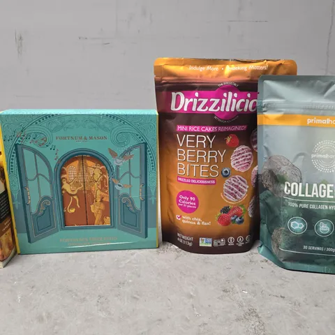 APPROXIMATELY 7 ASSORTED FOOD ITEMS TO INCLUDE - COLLAGEN MCT , DRIZZILICIOUS VERY BERRY BITES , PETERS YARD SOURDOUGH CRACKERS ETC