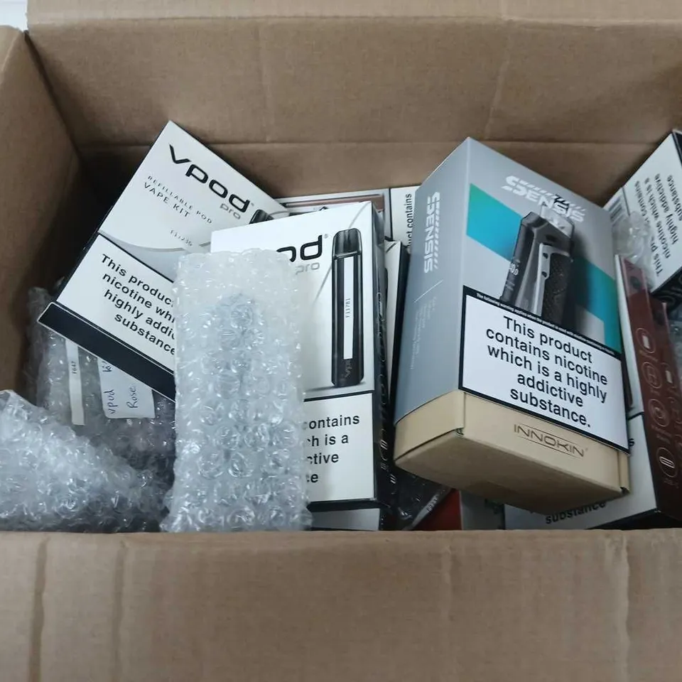 BOX OF APPROXIMATELY 35 ASSORTED E-CIGARETTES AND COMPONENTS TO INCLUDE:  VPOD PRO REFILLABLE VAPE KITS 