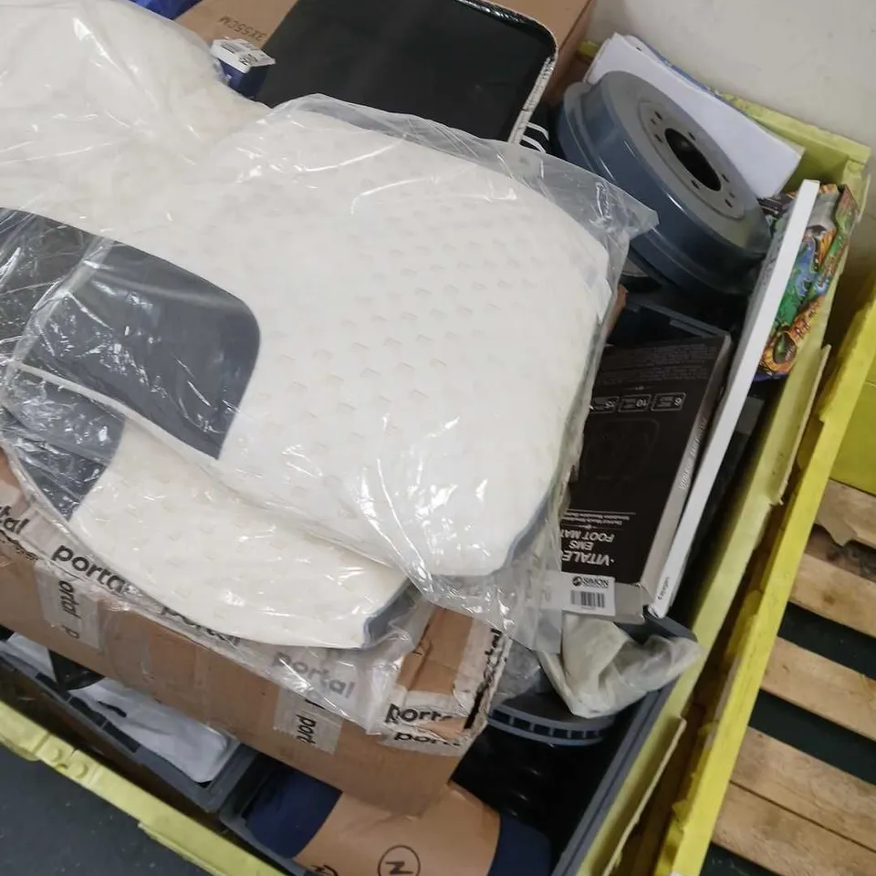 PALLET OF APPROXIMATELY 40 ASSORTED ITEMS TO INCLUDE RED COIL SPRING, PILLOWS, WHITE CONES, ETC