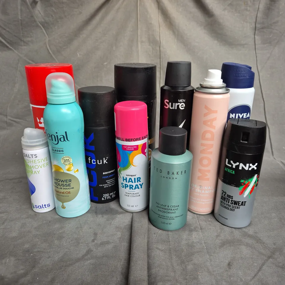 APPROXIMATELY 12 ASSORTED AEROSOLS TO INCLUDE - FENJAL SHOWER MOUSSE - MONDAY DRY SHAMPOO - TED BAKER BODY SPRAY - ETC - COLLECTION ONLY