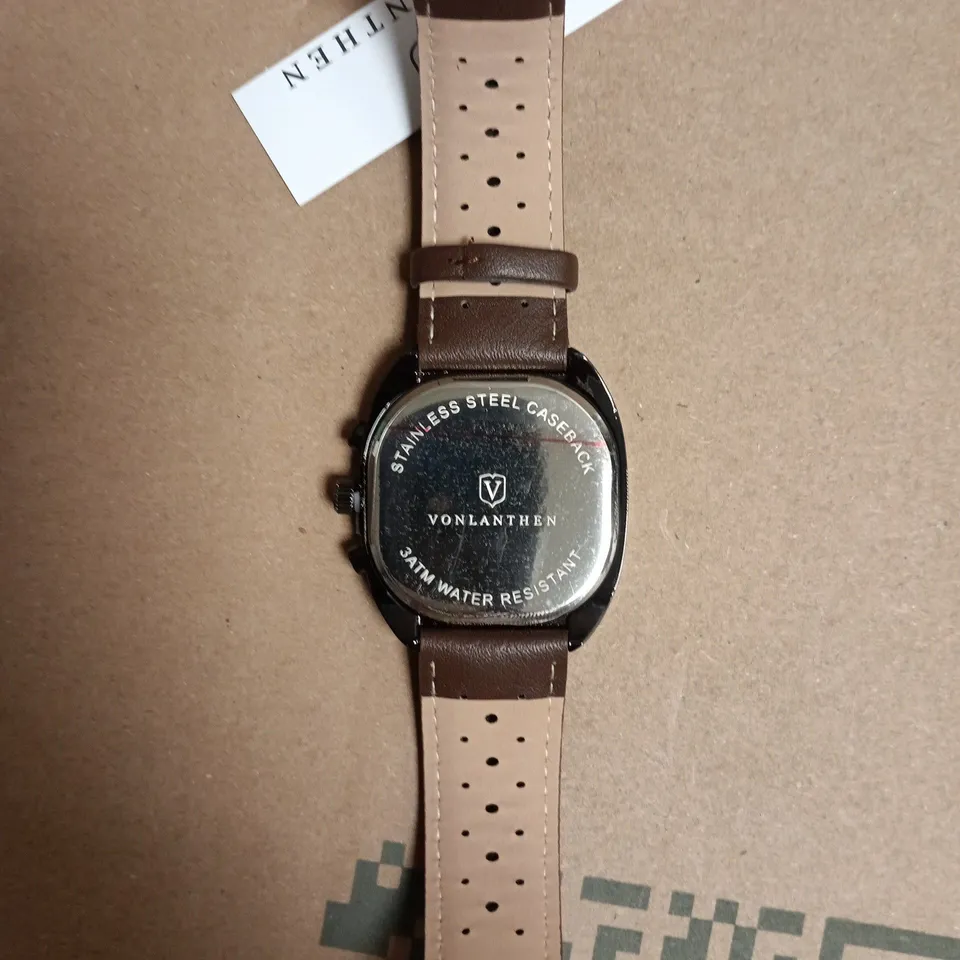 BOXED VONLANTHEN WRISTWATCH WITH GREEN DIAL AND BROWN PERFORATED LEATHER STRAP