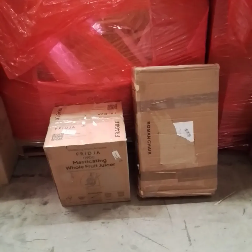 PALLET OF ASSORTED HOUSEHOLD GOODS AND PRODUCTS TO INCLUDE;WHOLE FRUIT JUICER,ROMAN CHAIR