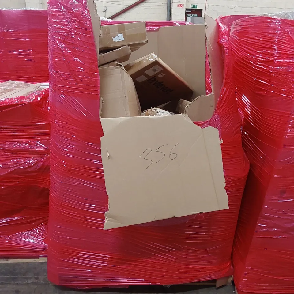 PALLET OF ASSORTED HOUSEHOLD ITEMS AND CONSUMER PRODUCTS TO INCLUDE; KITCHEN FAUCET, CERAMIC HEATER, MINI FRIDGE, BOXED FURNITURE ETC