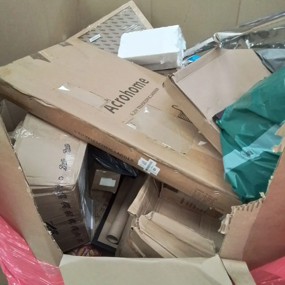 PALLET OF ASSORTED HOUSEHOLD GOODS AND PRODUCTS TO INCLUDE; ACROHOME 6.2M TELESCOPIC LADDER, BOXED FURNITURE ETC