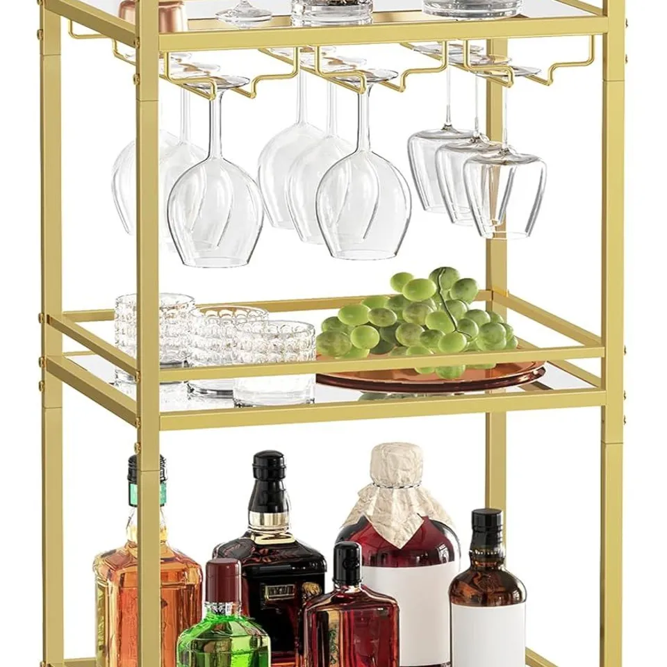 BOXED VASAGLE 3-TIER DRINKS TROLLEY, GOLD BAR CART ON WHEELS