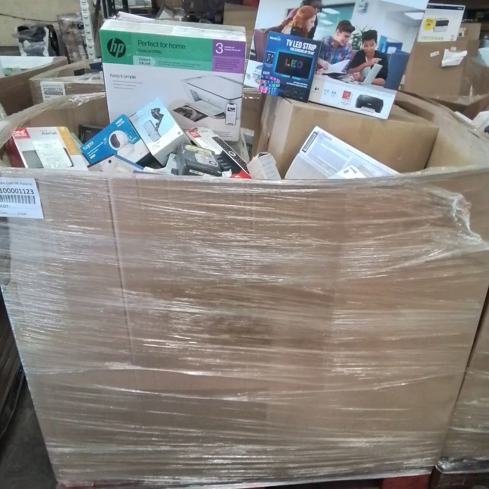 PALLET CONTAINING VARIOUS ASSORTED BOXED ELECTRONIC ITEMS TO INCLUDE: SEVERAL PRINTERS, SECURITY CAMERA,CHARGERS, HEADPHONES, ALARM CLOCKS, SPEAKERS ETC.