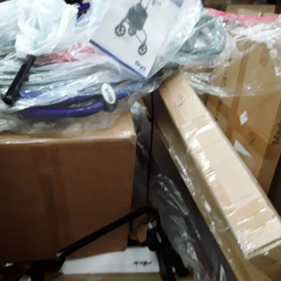 PALLET TO CONTAIN AN ASSORTMENT OF HOUSEHOLD ITEMS TO INCLUDE WALL CLOCKS, ROLLATOR AND  TV WALL MOUNT ECT