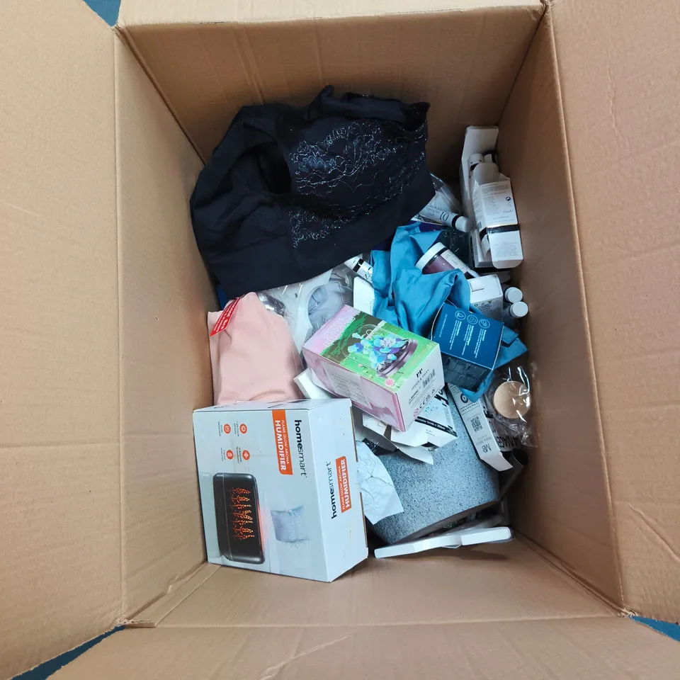BOX OF APPROXIMATELY 20 ASSORTED HOUSEHOLD ITEMS INCLUDING HOMESMART HUMIDIFIER, MARINE COLLAGEN, SANKOM BRA, MINI BRICKS TOY ETC
