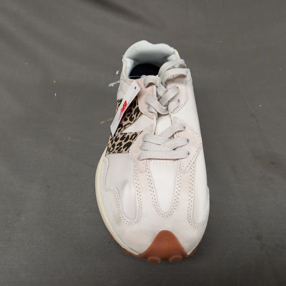 BOXED PAIR OF NEW BALANCE 327 SHOES IN CREAM/LEOPARD PRINT UK SIZE 7.5