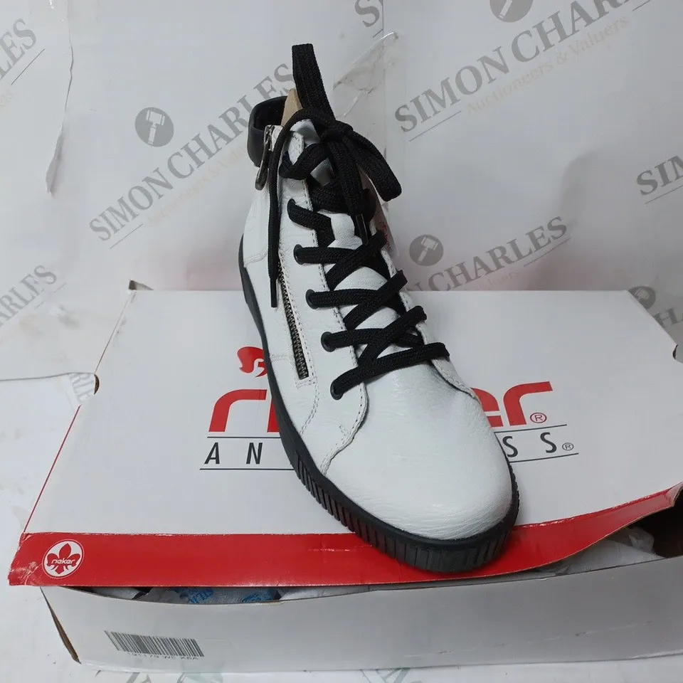 BOXED PAIR OF RIEKER HIGH TOP TRAINERS WITH SIDE ZIP IN WHITE SIZE 6.5