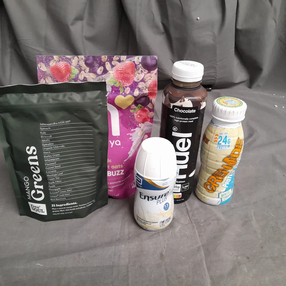 17 ASSORTED FOOD ITEMS TO INCLUDE FREE SOUL GREENS, NATURYA ORGANIC OVERNIGHT BERRY BUZZ OATS, HUEL FOOD DRINK, GRENADE WHITE CHOCOLATE PROTEIN SHAKE AND ENSURE PLUS FOOD DRINK- COLLECTION ONLY