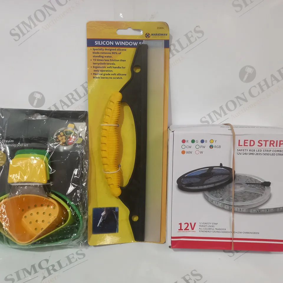 BOX OF APPROXIMATELY 20 ASSORTED HOUSEHOLD ITEMS TO INCLUDE LED STRIP, SILICONE WINDOW SQUEEGEE, 3 PIECE STEAMING POD SET, ETC