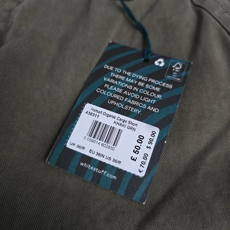 WHITE STUFF HALSALL ORGANIC CARGO SHORT – KHAKI GREEN, UK 36R