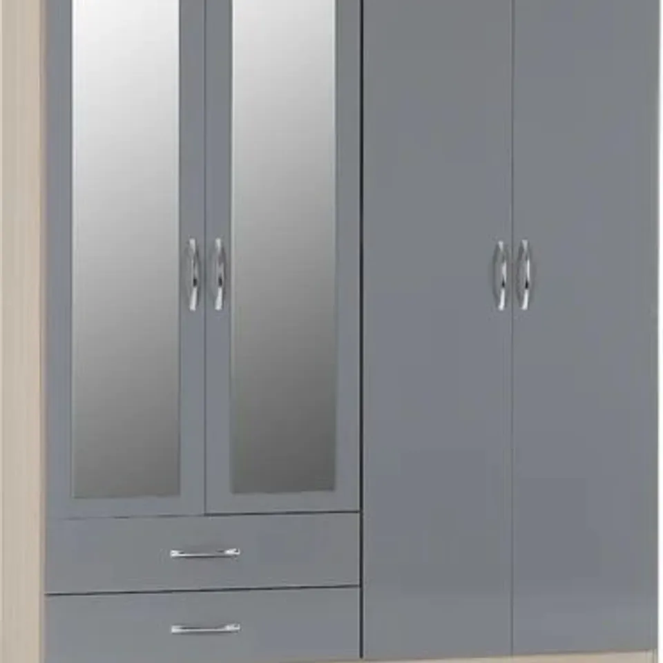 BOXED NEVADA 4 DOOR WARDROBE GREY GLOSS/ LIGHT OAT (3 BOXES)
