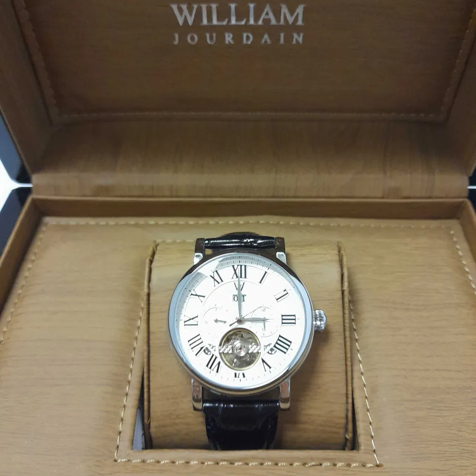 WILLIAM JOURDAIN PART SKELETON WAVE DIAL LEATHER STRAP WATCH