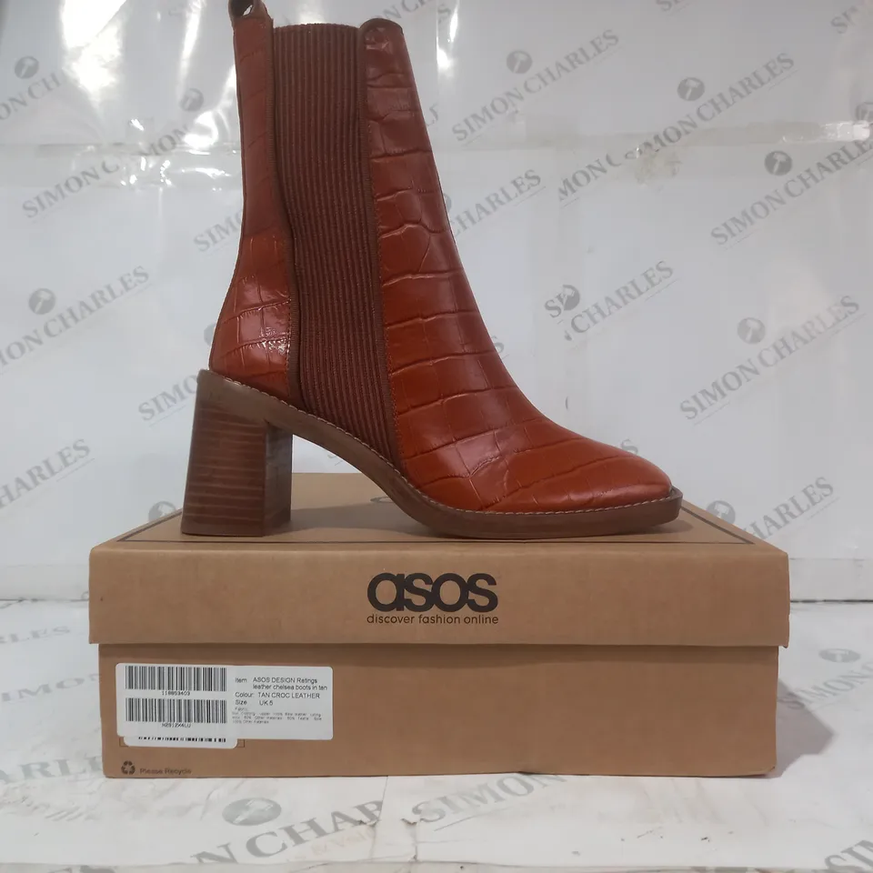 BOXED PAIR OF ASOS DESIGN CROC LEATHER CHELSEA BOOTS IN TAN UK SIZE 5