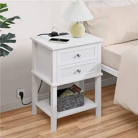 BOXED WOODEN BEDSIDE TABLE WITH CHARGING STATION - WHITE