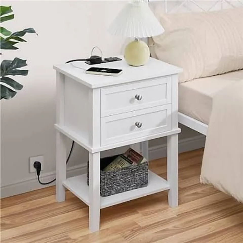 BOXED WOODEN BEDSIDE TABLE WITH CHARGING STATION - WHITE