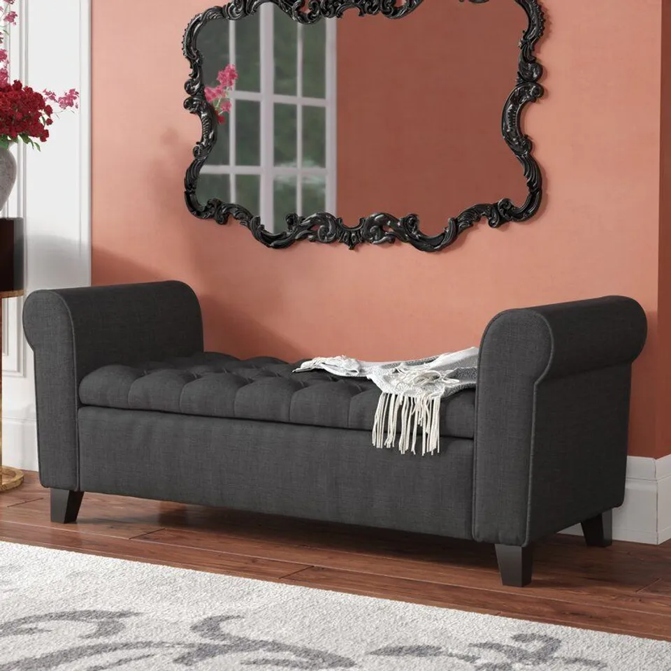 BOXED DARK GRAY CLAXTON UPHOLSTERED STORAGE BENCH