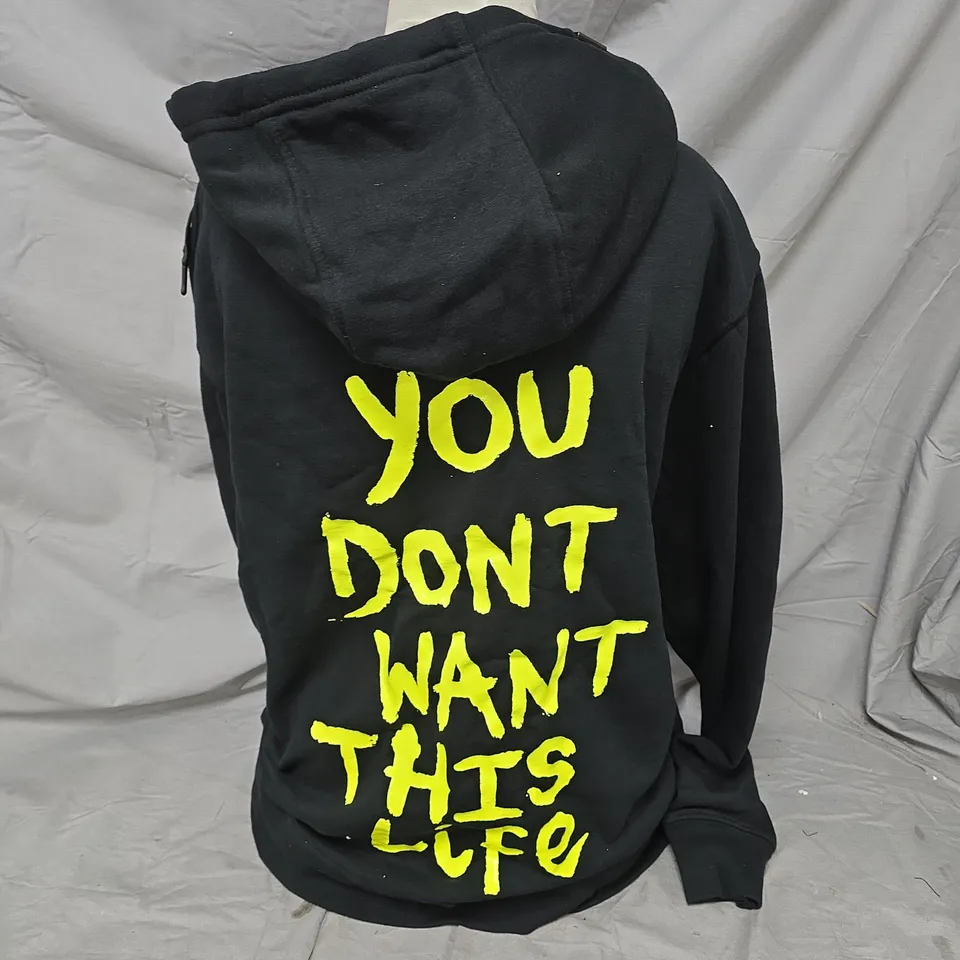 YDWTL YELLOW PAINTER HOODIE – SIZE M, BLACK WITH NEON BACK PRINT