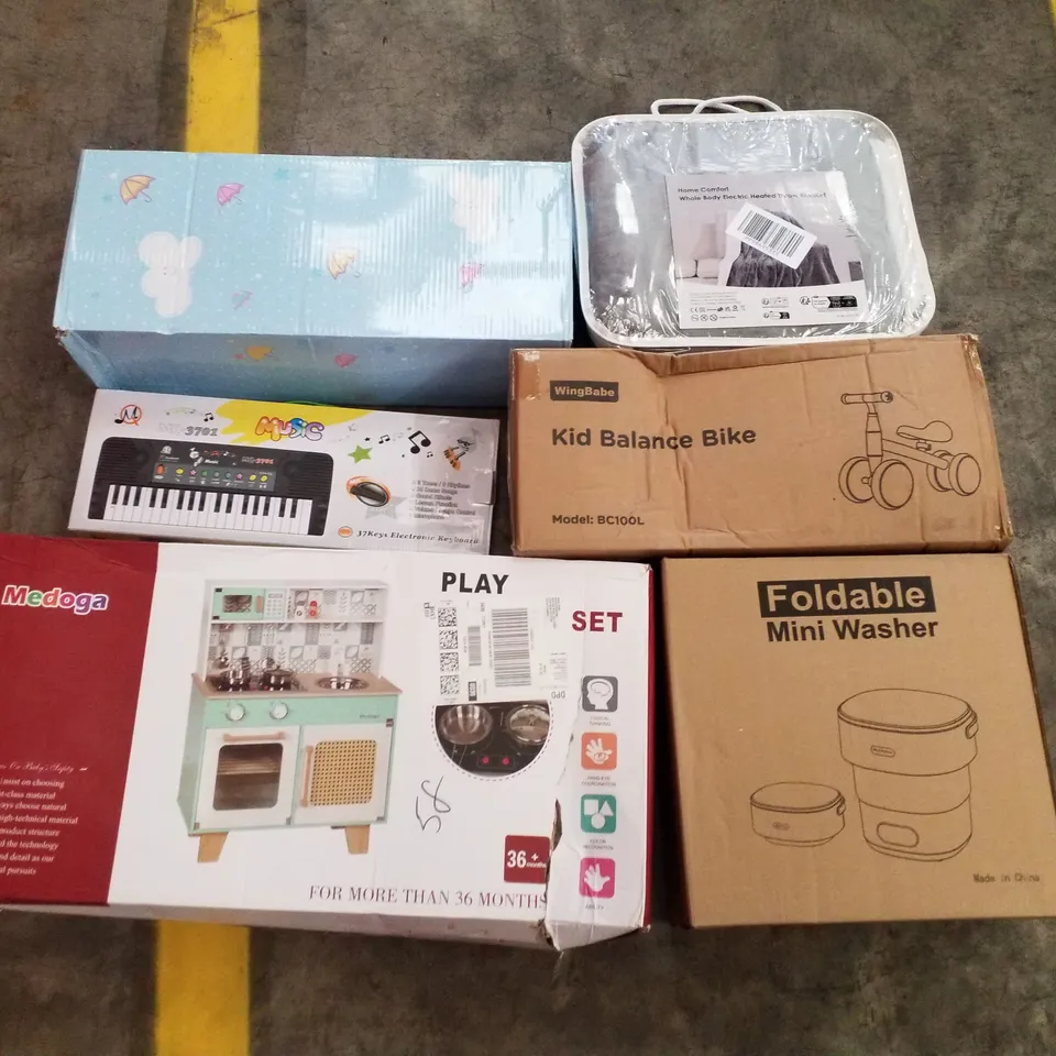 PALLET CONTAINING ASSORTED PRODUCTS INCLUDING REBORN BABY DOLL, HEATED THROW, 37 KEY ELECTRONIC KEYBOARD, KIDS BALANCE BIKE, FOLDABLE MINI WASHER & KITCHEN PLAY SET