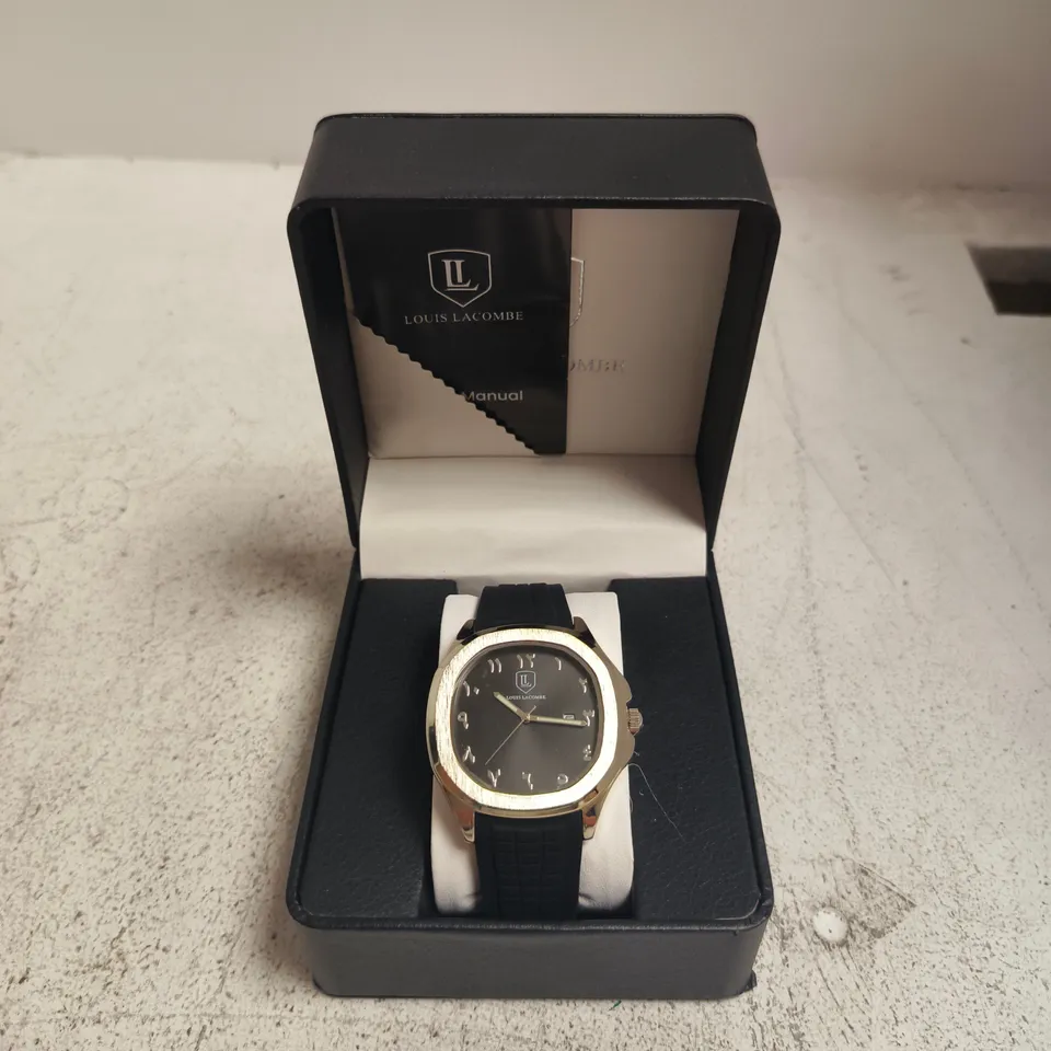 LOUIS LACOMBE WRISTWATCH – BLACK DIAL, GOLD-TONE CASE, RUBBER STRAP