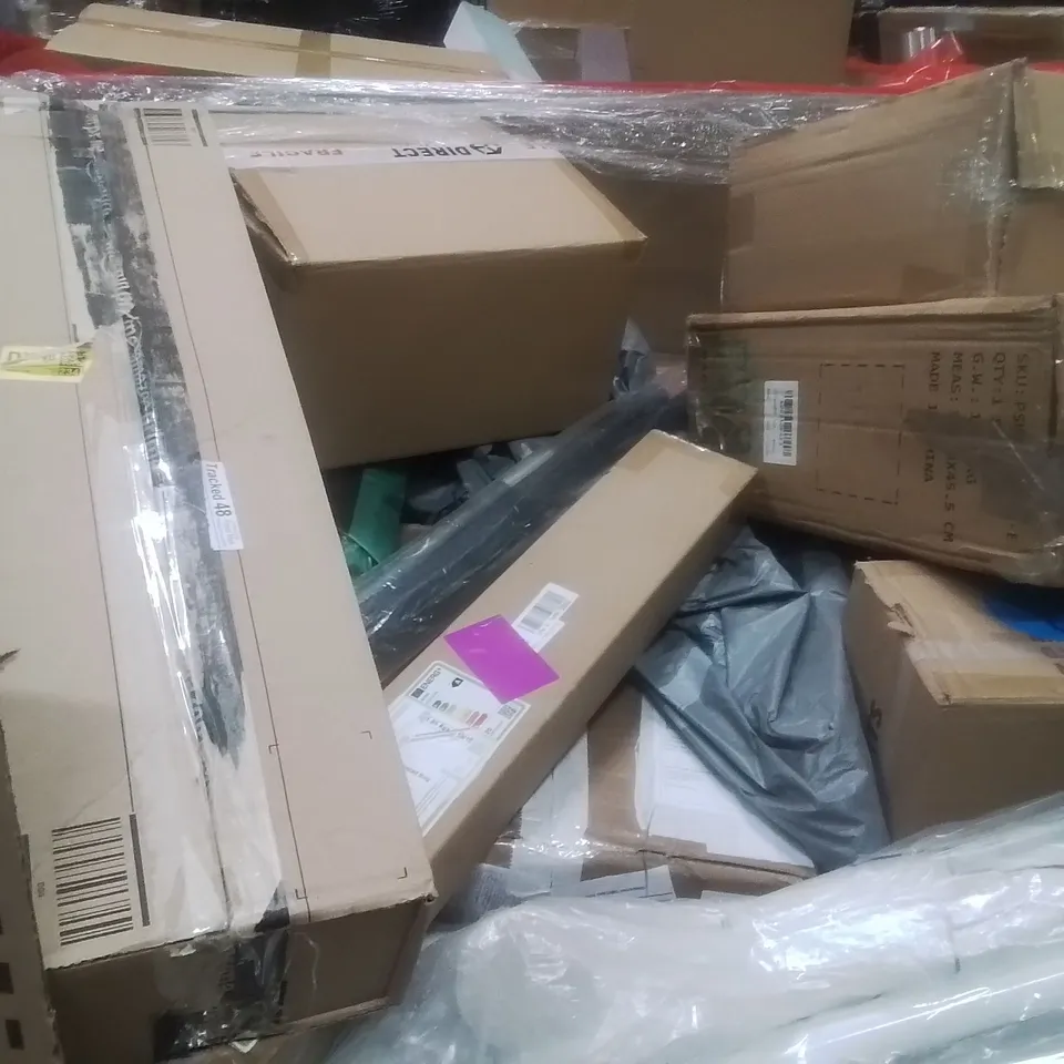 PALLET CONTAINING ASSORTED ITEMS TO INCLUDE: ELECTRIC FLOOR HEATING SYSTEM, TOWEL BAR, OUTDOOR FENCE ARCHED AND UNDERFLOOR HEATING MAT ETC...