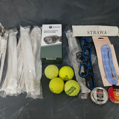 BOX OF APPROXIMATELY 8 ASSORTED ITEMS TO INCLUDE - DECOY CAMERA, STRAWA, AND TENNIS BALLS ETC.