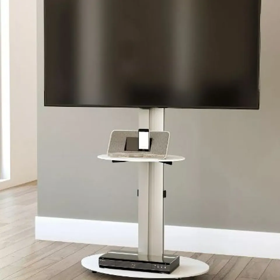 AVF ENO OVAL 600 PEDESTAL TV STAND - SILVER/WHITE - FITS UP TO 55 INCH TV