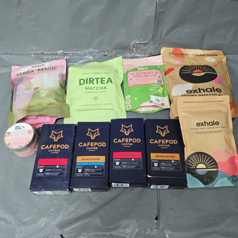 APPROXIMATELY 8 ASSORTED COFFEE PRODUCTS TO INCLUDE BRAINISTA, DIRTEA, AND CAFEPOD ETC.