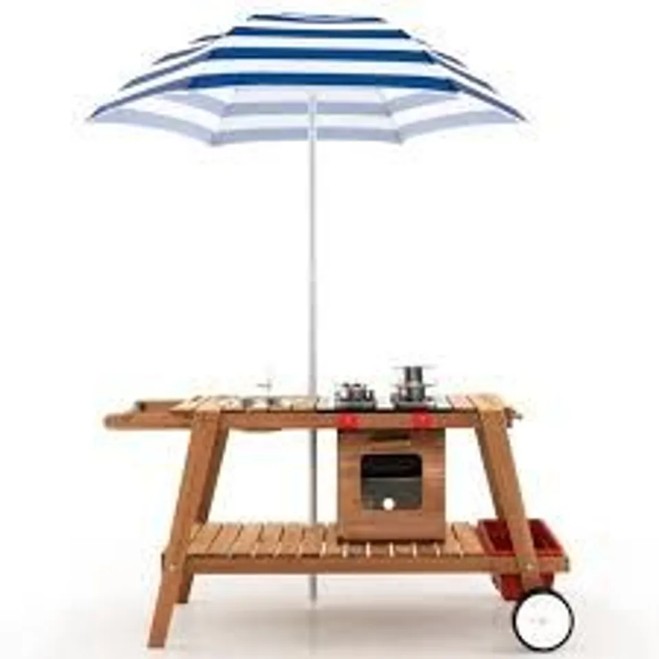 BOXED COSTWAY BLUE KIDS WOODEN PLAY TROLLEY WITH UMBRELLA