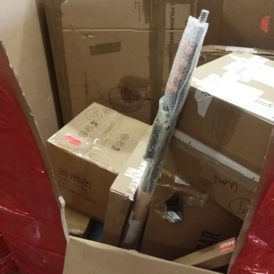 PALLET OF ASSORTED HOUSEHOLD GOODS AND PRODUCTS TO INCLUDE; FOLDING HANGING CHAIR, SUITCASE, UNDER DESK ELLIPTICAL MACHINE ETC