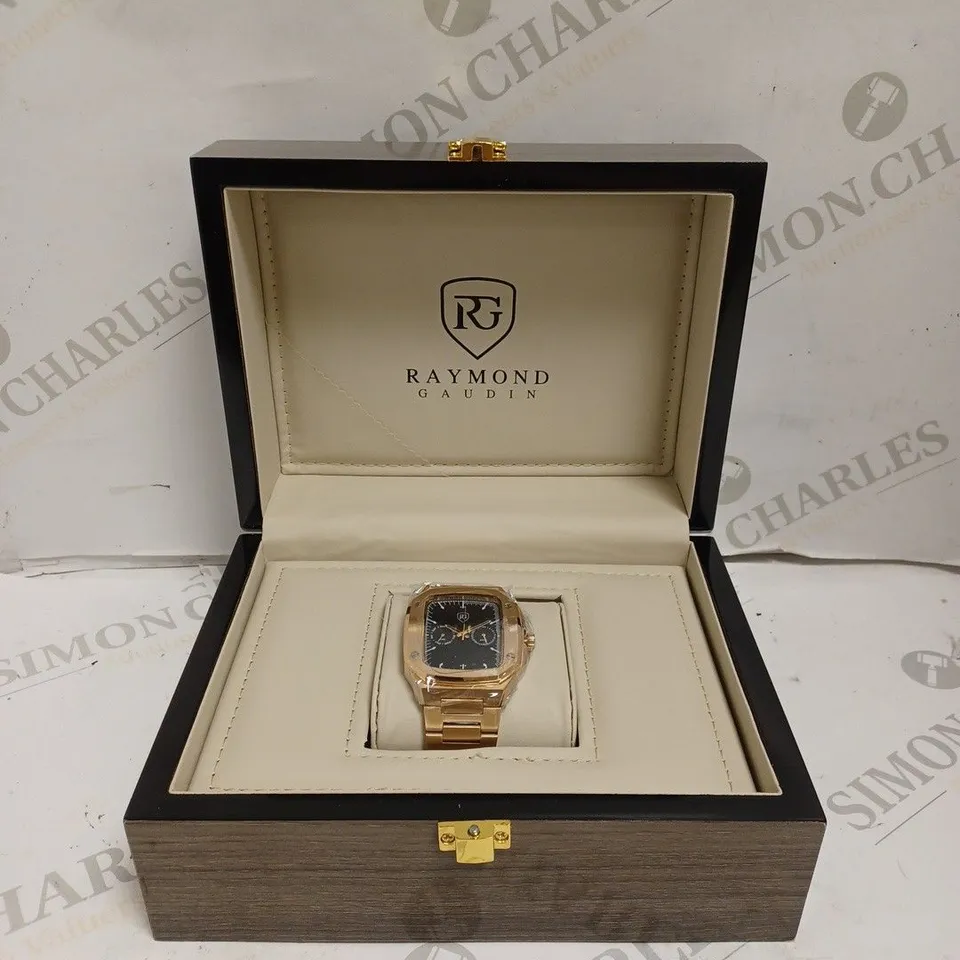 MENS RAYMOND GAUDIN WATCH – MULTI FUNCTION DIAL – STAINLESS CASE & STRAP – 5ATM WATER RESISTANT - WOODEN GIFT BOX 