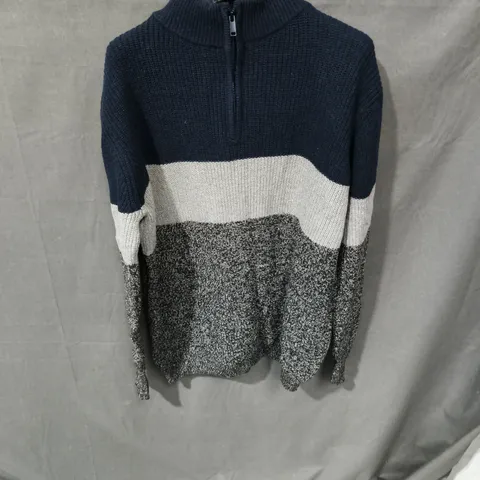 LYNDRA LONDON KNIT ZIP SWEATER – NAVY/WHITE/GREY BLOCK, SIZE 2XL