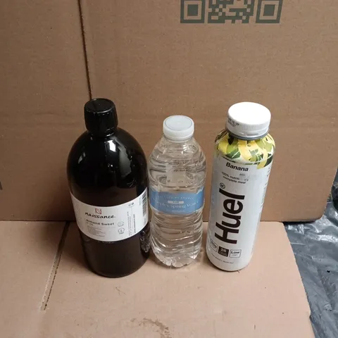 ASSORTED FOOD AND DRINKS ITEMS TO INCLUDE - ALMOND SWEET CARRIER OIL, SHEPLEY STILL SPRING WATER, BANANA HUEL MEAL SHAKE ETC 
