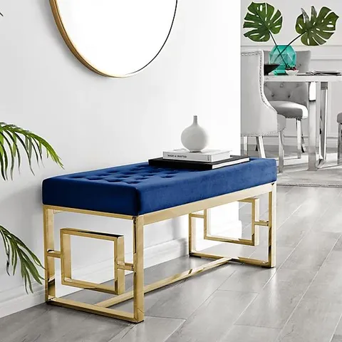 BOXED CAMBRIDGE MODERN NAVY BLUE VELVET & GOLD METAL BENCH (1 BOX)
