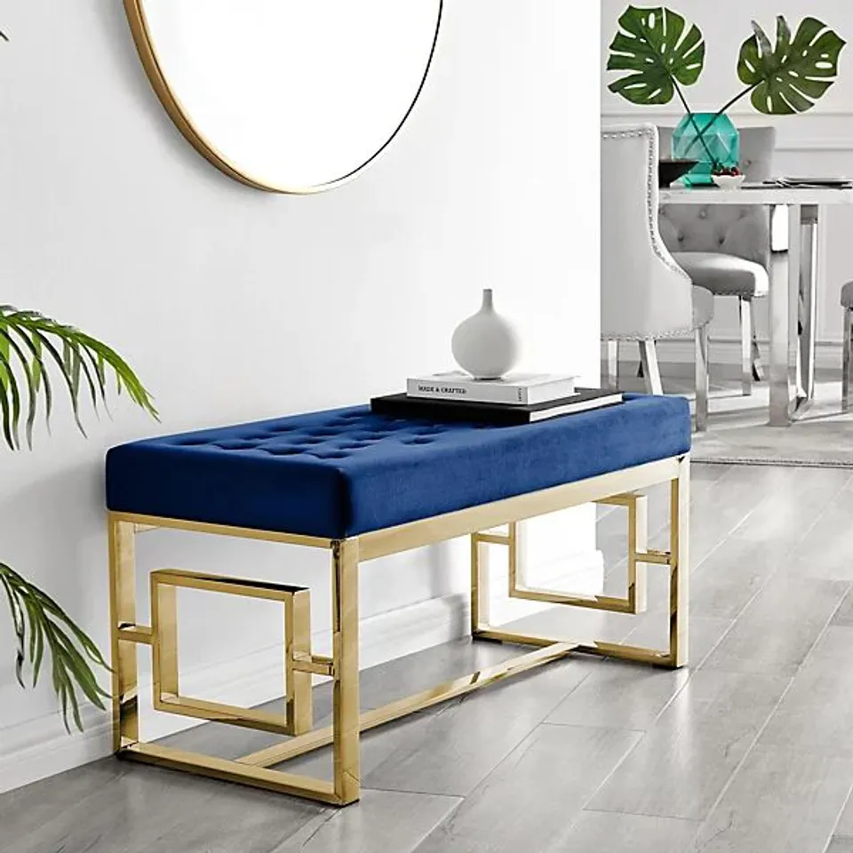 BOXED CAMBRIDGE MODERN NAVY BLUE VELVET & GOLD METAL BENCH (1 BOX)