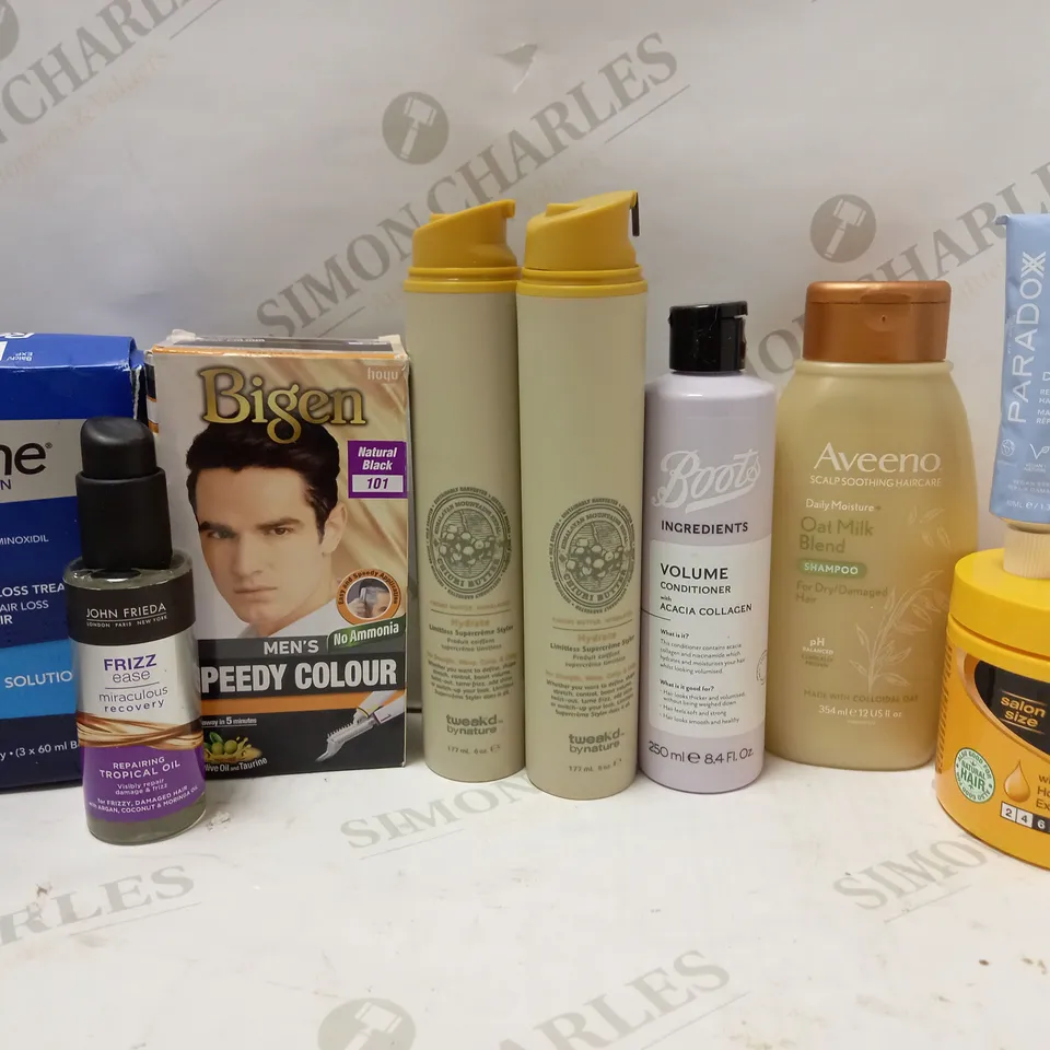LOT OF APPROX 8 ASSORTED HAIRCARE PRODUCTS TO INCLUDE PARADOX HAIR MASK, BOOTS VOLUME CONDITIONER, JOHN FRIEDA TROPICAL OIL, ETC 