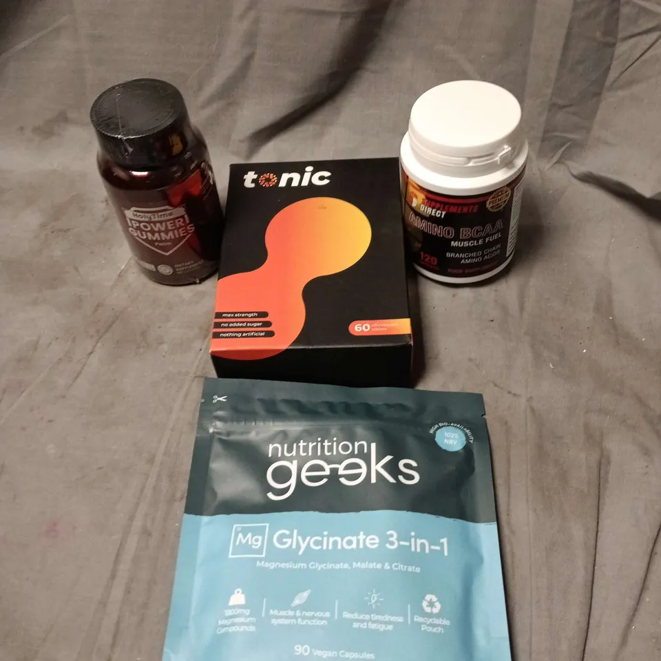 APPROXIMATELY 15 ASSORTED DIETARY/SUPPLEMENT ITEMS TO INCLUDE TONIC, NUTRITION GEEKS, POWER GUMMIES, AMINO BCAA ETC