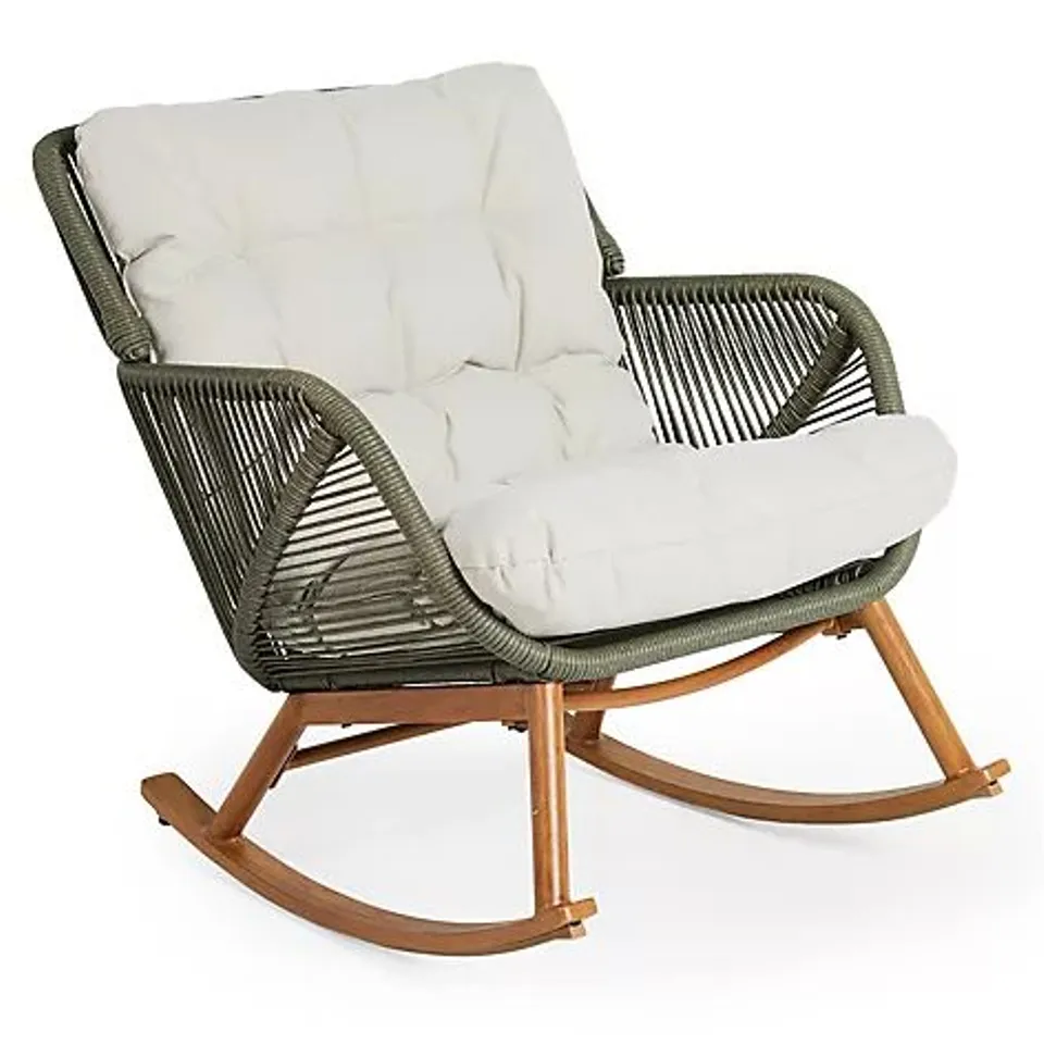 PALLET OF 3 ASSORTED FURNITURE SETS TO INCLUDE ABODE ROPE INDOOR OUTDOOR ROCKER CHAIR, ABODE 7 PIECE ALUMINIUM 6 SEATER INDOOR OUTDOOR DINING SET, GARDEN STORIES ULTRA COMFORT PADDED LOUNGE SET - COLL