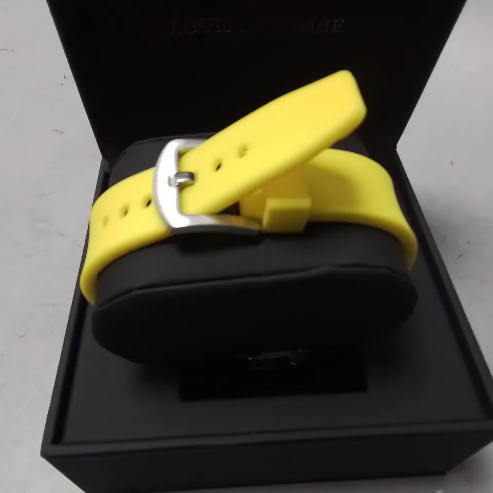 LOUIS LACOMBE GENTS YELLOW FACE STAINLESS STEEL CHRONOGRAPH WATCH WITH YELLOW RUBBER STRAP IN GIFT BOX