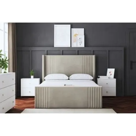 BOXED AND BAGGED ELARA WINGED OTTOMAN PANEL BED WITH HEADBOARD ( 3 BOXES )