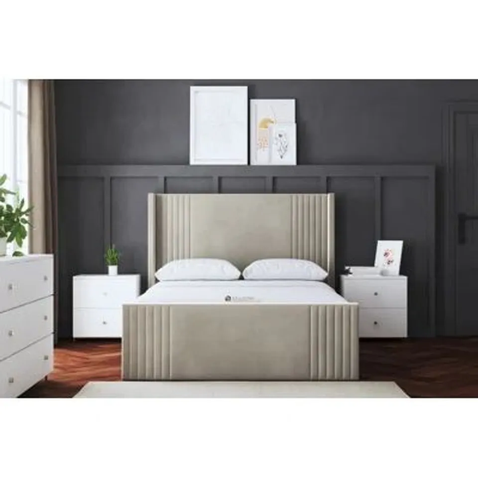BOXED AND BAGGED ELARA WINGED OTTOMAN PANEL BED WITH HEADBOARD ( 3 BOXES )